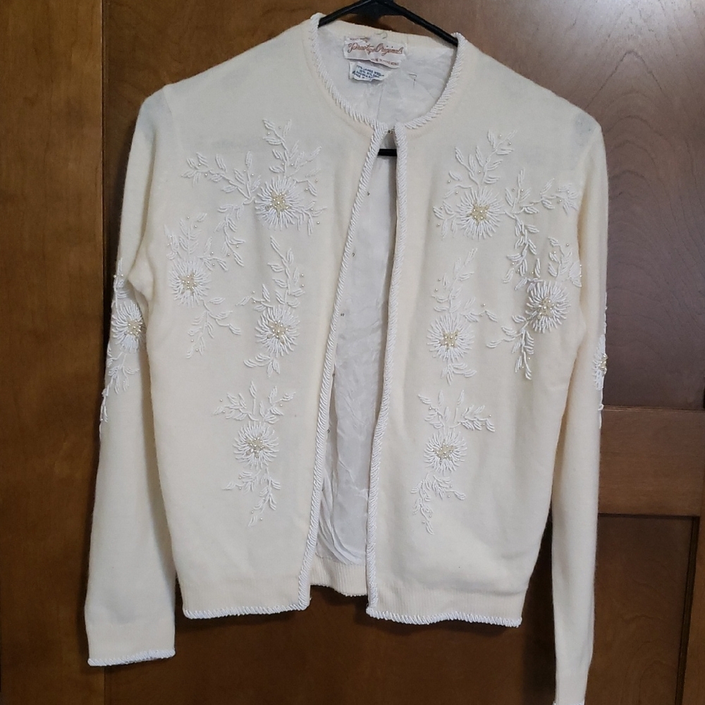 1950's extensive beaded cardigan, hook front, some small holes in back-as is.